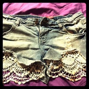 Denim shorts with white lace